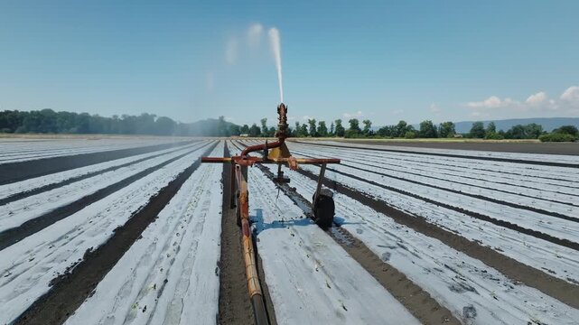 Drone shot of sprinkler, plastic mulch crop rows irrigation sprinkler and farmland