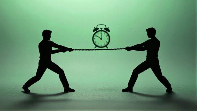 Two figures pull a clock, symbolizing the struggle against time's passage.
