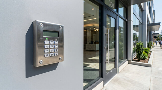 modern building access control system | digital keypad entry for office security | commercial real estate entrance intercom | smart door lock for apartment building
