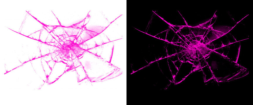 Broken glass texture on black background, shattered window pane with realistic white cracks, destroyed mirror surface for overlay effects