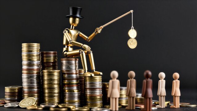 Golden figure fishes for money, others watch from stacks of coins.