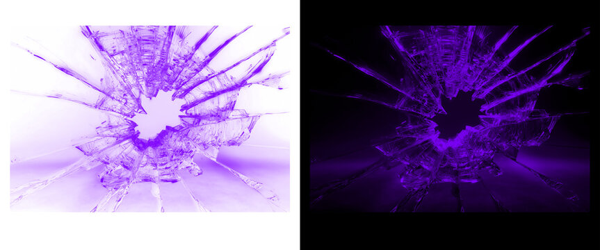 Shattered purple glass texture with bullet hole, broken window shards on white and black background, cracked glass effect for overlay