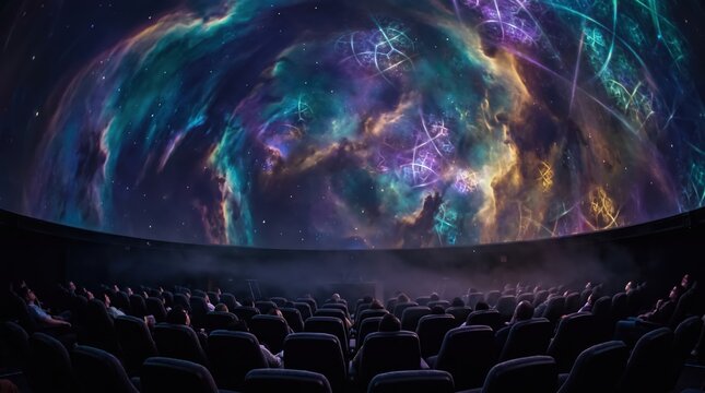 Planetarium dome filled with cosmic visuals above rows of empty seats
