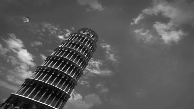 Film noir black and white movie of the leaning tower of Pisa , Tuscany, Italy 