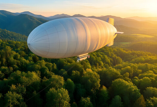 Aerial travel and tourism, white zeppelin airship flying over green forest mountains at sunset for luxury adventure and sustainable transportation