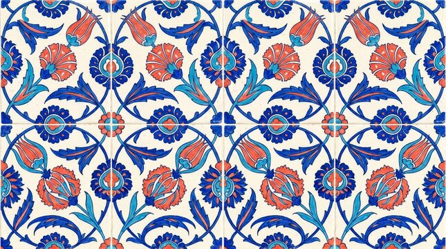 Ottoman Iznik floral ceramic tiles seamless pattern backdrop in royal blue and red for Mediterranean kitchen and bathroom decor