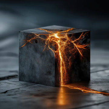 Dark stone cube with glowing golden energy cracks on textured surface. Blockchain technology, cryptocurrency security, digital asset and innovation concept