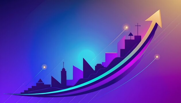 Cityscape Growth Illustration with Upward Arrows and Vibrant Colors