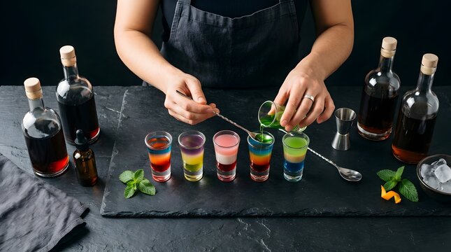 Bartender pouring colorful layered alcoholic shots on black stone surface