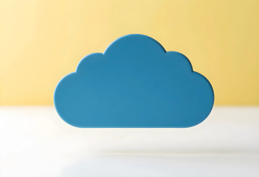 Cloud computing and digital storage, blue cloud icon for data technology and network connectivity concept on a yellow and white background