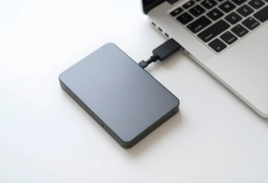 Data backup and digital security, external hard drive connected to a laptop for file storage and information management on a clean white office desk