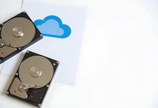Cloud computing and data storage security, hard disk drives with digital cloud icon for information technology infrastructure and network backup solutions