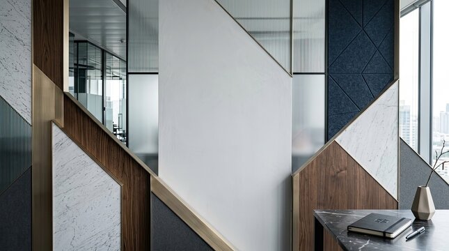 A modern office space features a striking staircase with a unique design. The staircase incorporates a combination of materials, including white marble, dark blue patterned panels, and warm wood.