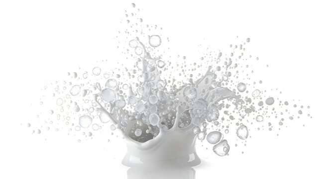 Dynamic milk splash with floating liquid drops isolated on white background