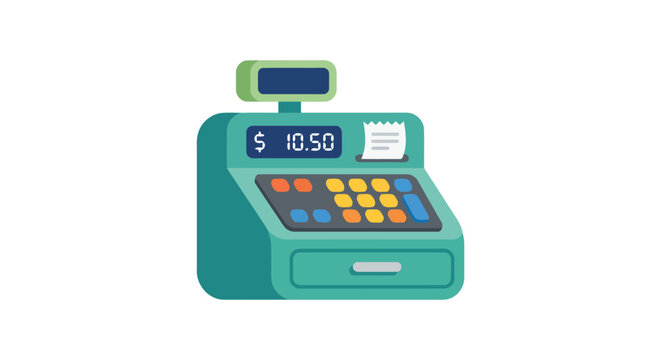Vintage cash register with display and receipt printer flat vector illustration