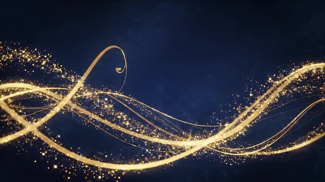 Golden light trail abstract wave sparkle curve across dark blue background with glowing particles, elegant sweeping loop, flowing motion, luminous composition, and spacious copy space for modern
