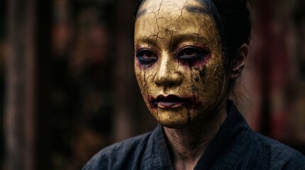 Obraz premium Mysterious woman with cracked golden face makeup and dark eyes in a dramatic cinematic Halloween portrait