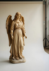 Fototapeta premium Spirituality and religion concept, wooden angel statue with wings standing in a studio, peace and hope theme for funeral or memorial service design