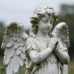 Fototapeta premium Grief and mourning concept, stone angel statue with praying hands in a cemetery, religious memorial and remembrance for loss and funeral services