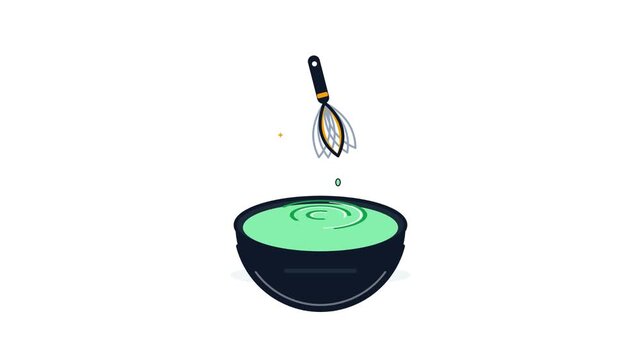 A kitchen whisk stirring green liquid in a dark bowl on a white background surface with stylized animation kitchen repeating motion before whisk mixing thick