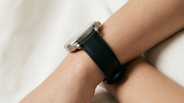 Minimalist silver watch with black leather strap on wrist