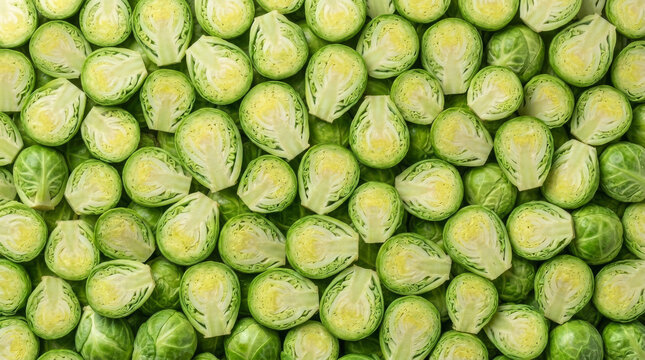 Seamless background pattern of sliced raw brussels sprouts cross section halves covering the frame