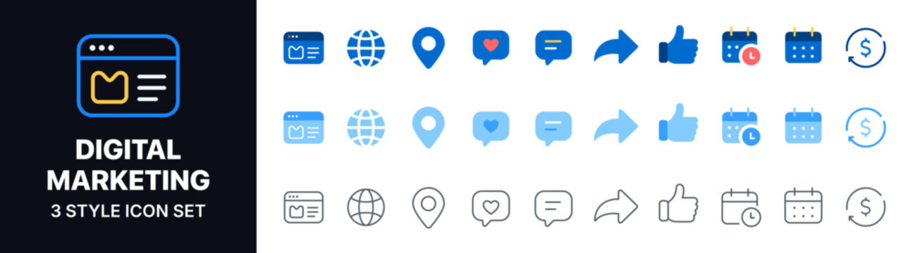 Digital Marketing Icon Set with Website, Social Media, Global Network, Location Pin, Likes, Messages, Sharing, Calendar, Online Payment and Business Promotion Symbols