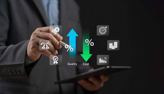 Businessman using tablet and AI to manage quality and costs, improving product quality, reducing expenses, optimizing financial efficiency, business performance, management goals with smart technology