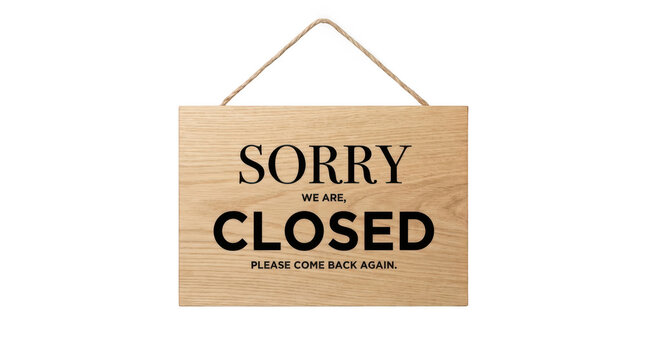 Wooden closed sign hanging on a rope isolated on transparent background