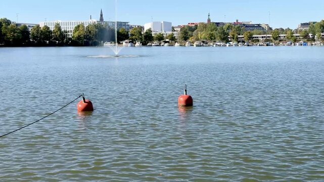 Two Red Buoys Floating on Rippling Bay Water