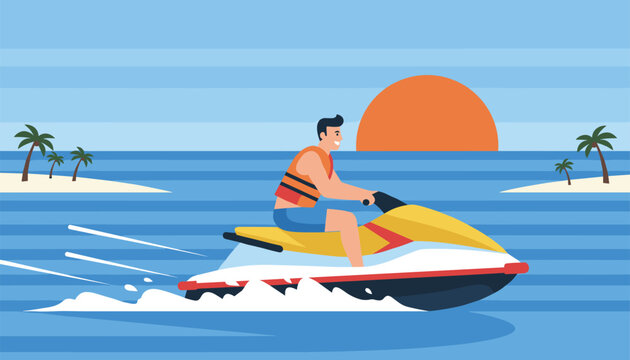 Happy young man wearing an orange life jacket riding a yellow and white jet ski fast on the blue sea water during sunset.