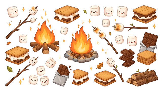 Cozy campfire s'mores collection, a delightful set of roasted marshmallows, chocolate bars, and graham crackers. Perfect for camping, outdoor adventures, and sweet treat designs.
