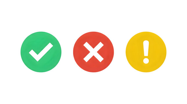 Checkmark, Cross, Exclamation Mark Icons: Green Tick, Red X, Yellow Alert Symbols for Approval, Rejection, Warning, Decision Making, UI Elements, and Feedback