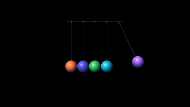 Premium colorful 2D kinetic pendulum animation featuring suspended geometric spheres transferring momentum through a synchronized chain reaction. Clean mechanical motion, precise proportional geometry