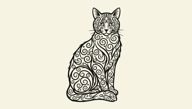 Beautiful zentangle cat illustration featuring complex swirling black lines and patterns on a cream background.