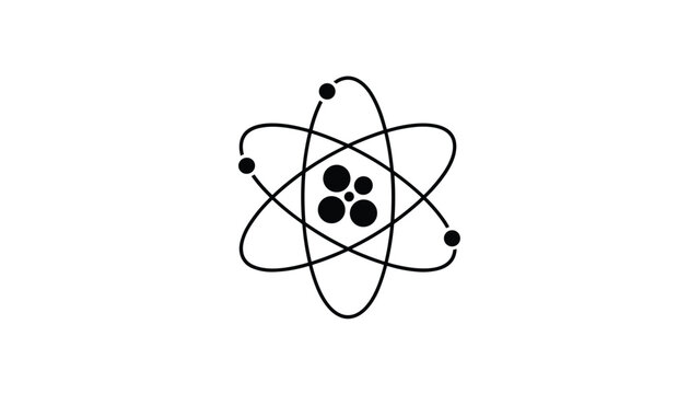 Standard scientific atom icon with three crossing electron orbits and a central nucleus on a white background.