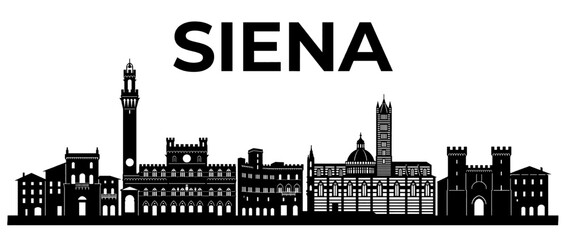 Obraz premium Siena Italy City Skyline Silhouette Stencil Vector Illustration with Famous Landmarks and Cathedral Architecture Isolated on White Background