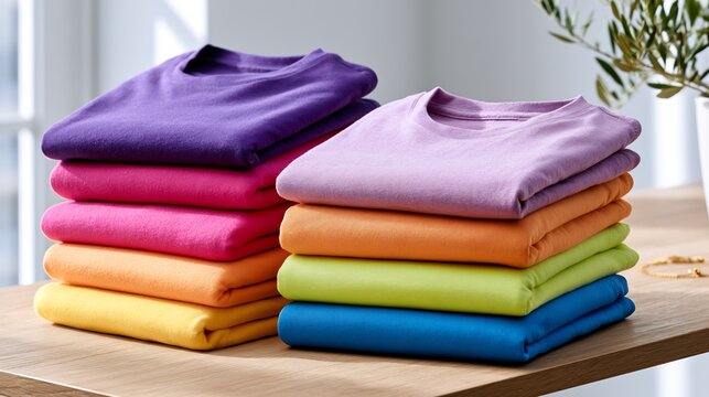 Neatly folded colorful t-shirts stacked on wooden table for retail display and organization concept
