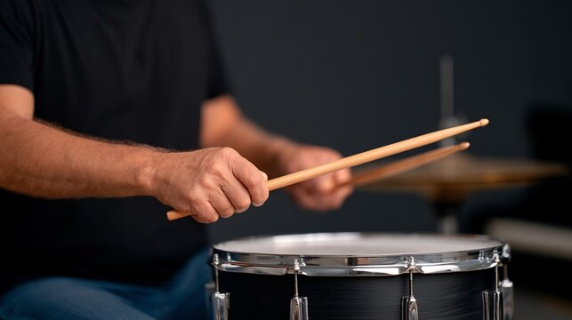 Musician hands playing snare drum with wooden sticks in dark studio for rhythm and percussion practice
