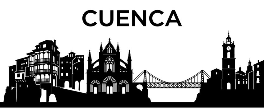 Cuenca Spain City Skyline Silhouette Vector Illustration featuring Hanging Houses, Cathedral and San Pablo Bridge on White Background