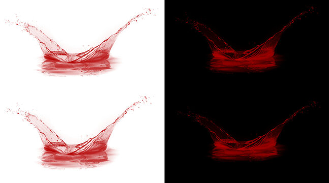 Red liquid splash set on white and black backgrounds, realistic wine or blood crown splashes, liquid motion design elements for beverage and medical themes