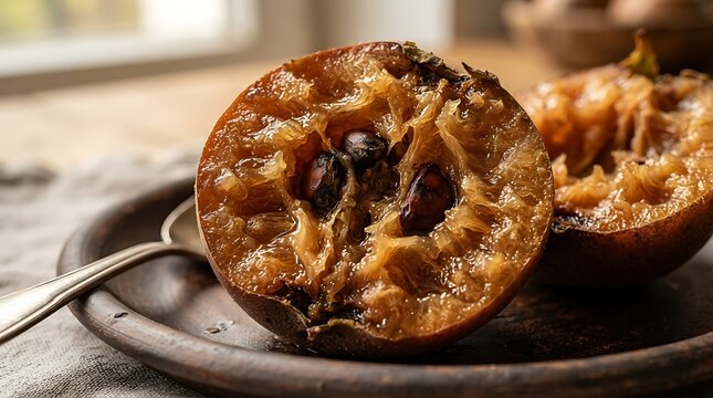 Half of ripe brown sapodilla fruit on rustic plate for dessert.