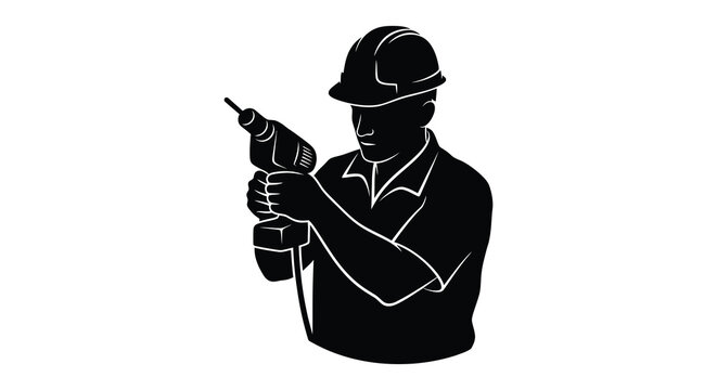 Construction worker operating a power drill depicted as a black silhouette builder