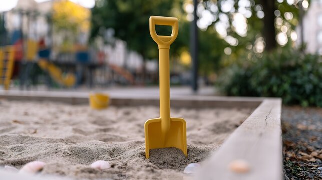Yellow plastic toy shovel standing in a playground sandbox for childhood outdoor recreation