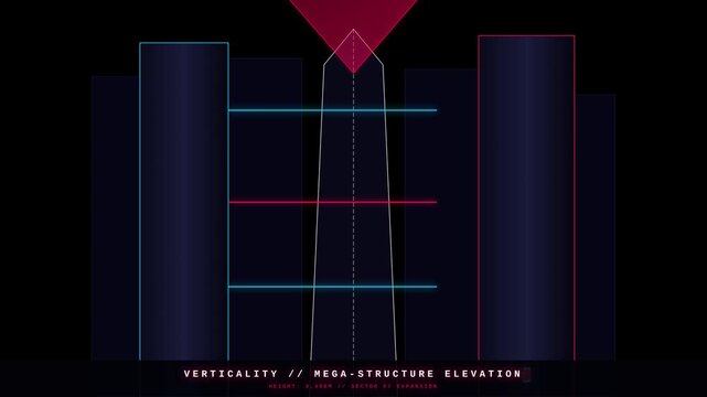 Futuristic Digital HUD Interface Showing Data Visualization of Urban Mega Structures and Elevators