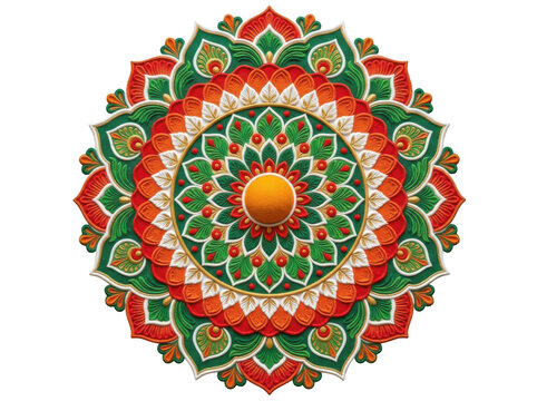 Intricate circular mandala art with vibrant orange and green floral patterns isolated on transparent background