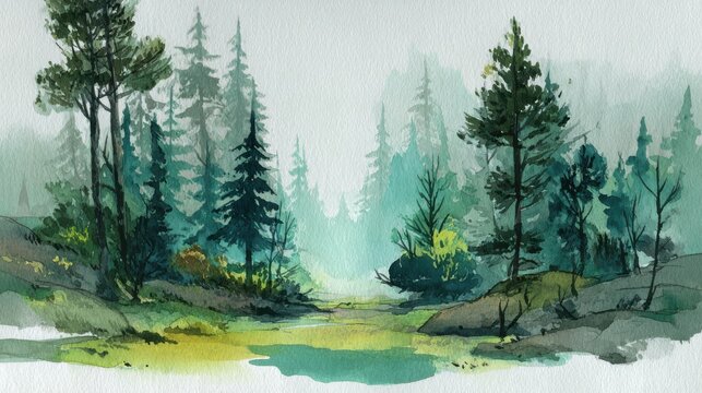 Watercolor painting of a misty pine forest with soft green tones. Perfect for nature background design.