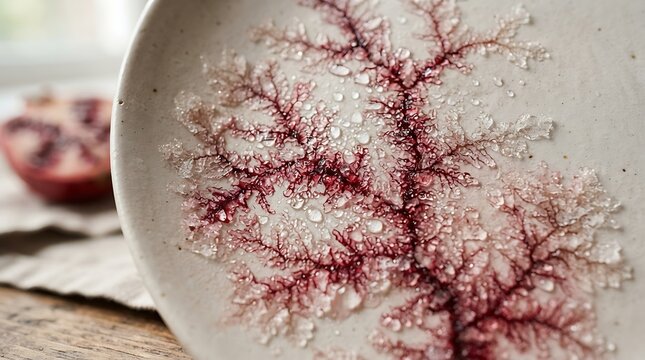 Seaweed red algae with water droplets on a ceramic plate for food styling.