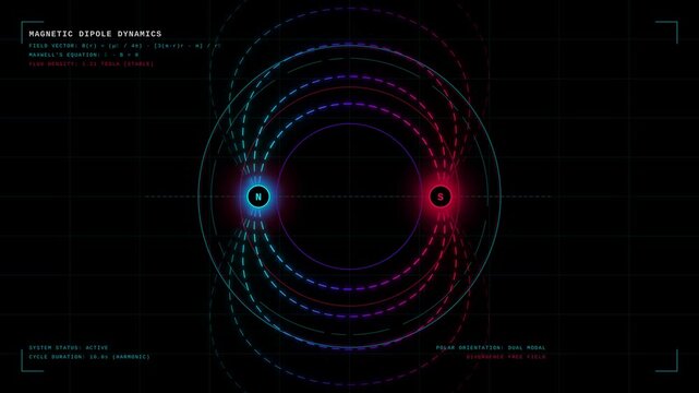 Magnetic Dipole Dynamics Animation Showing North and South Pole Field Lines on Digital Grid Background