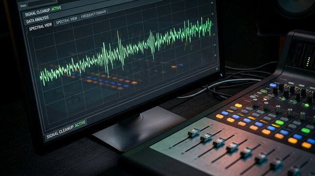 Professional audio analysis workstation with a sound mixing console and computer monitor displaying a green audio waveform for music production and sound engineering